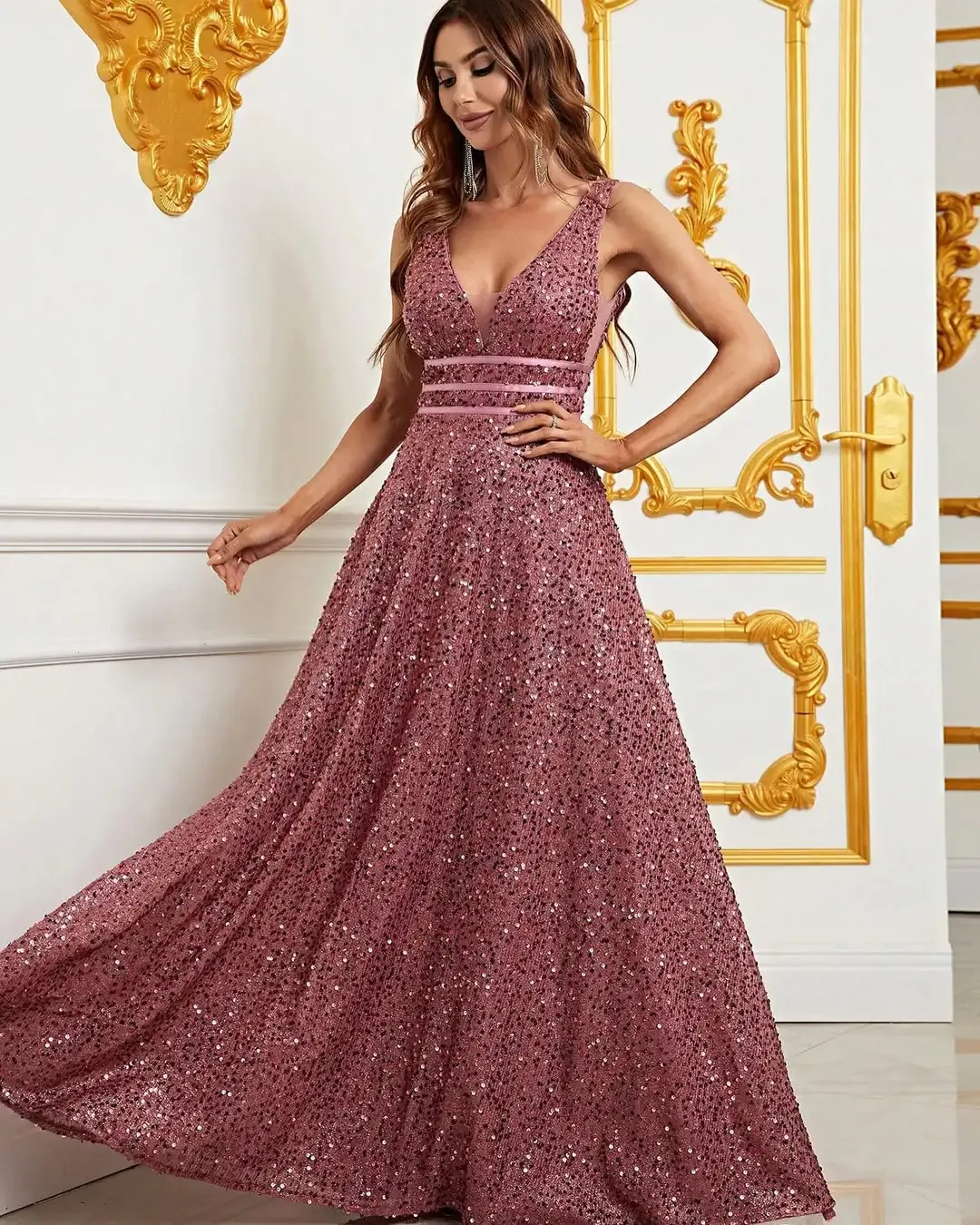 Glitter plunge v-neck dress