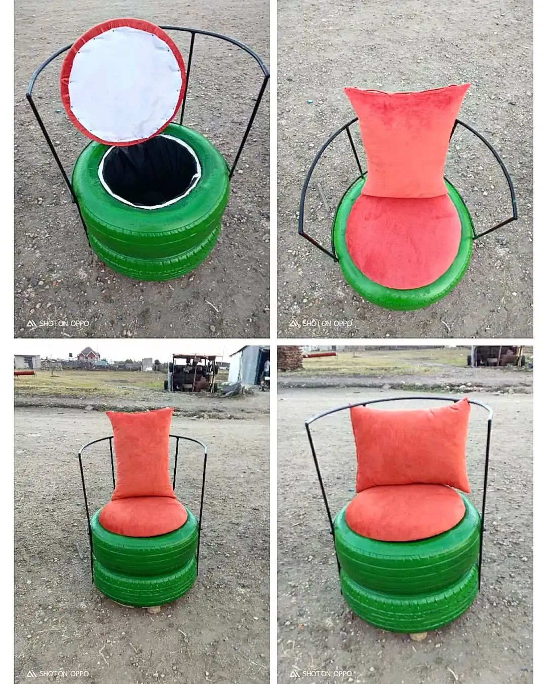 Recycled tire seating with cushions near pit