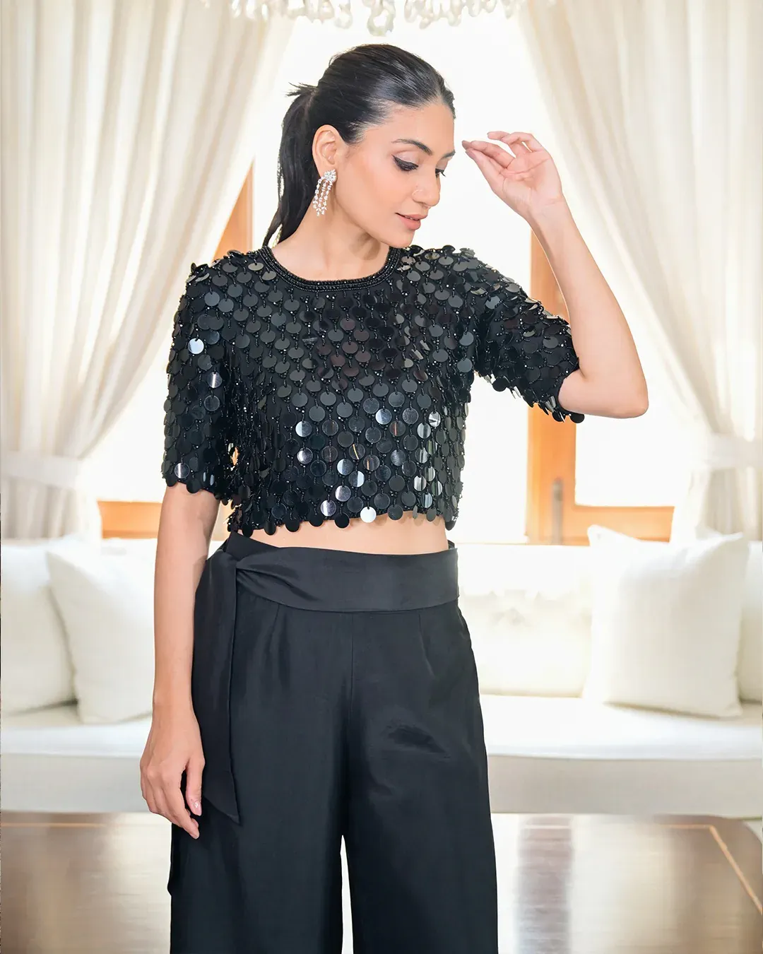Sequin crop top + satin pants
