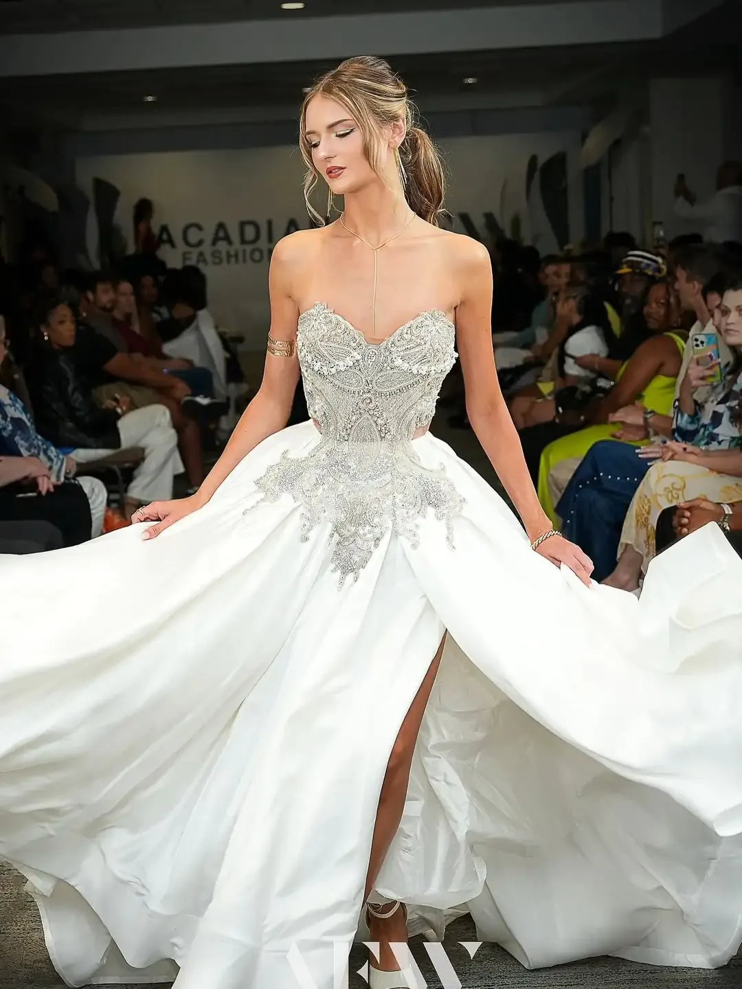 White satin suit with a floor-length train