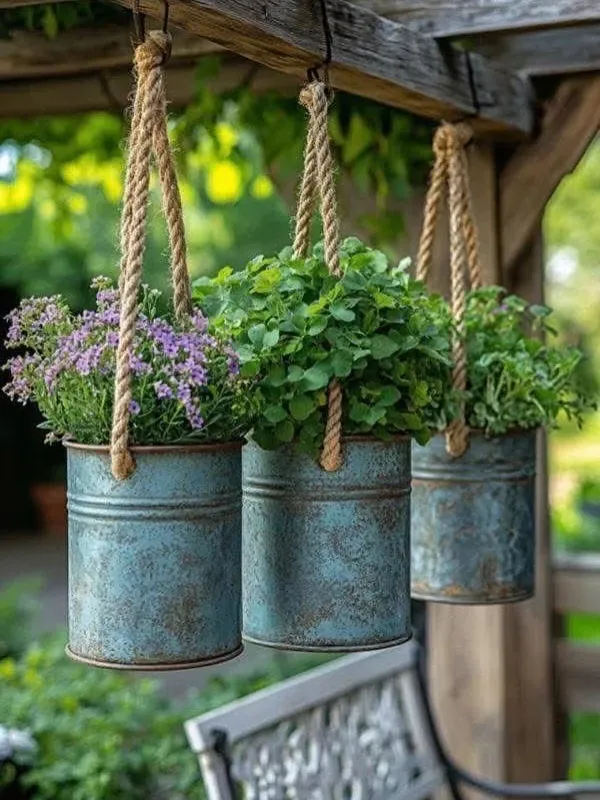 DIY herb garden in tin cans