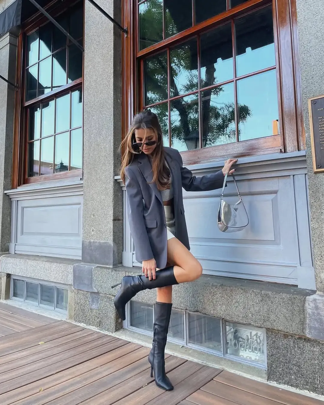 Oversized blazer dress + knee-high boots