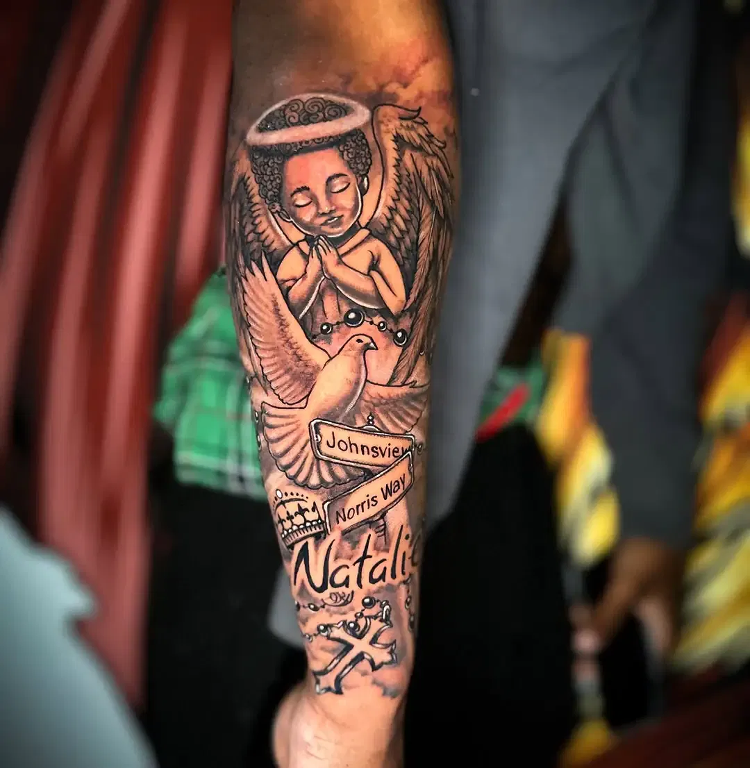 Angel with Dove Tattoo
