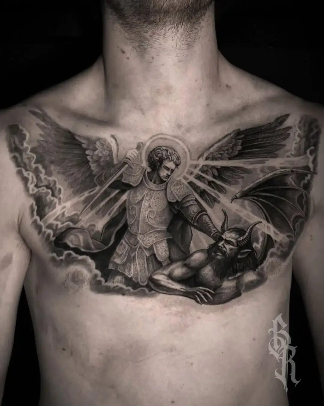Archangel Michael Chest Shield Tattoo