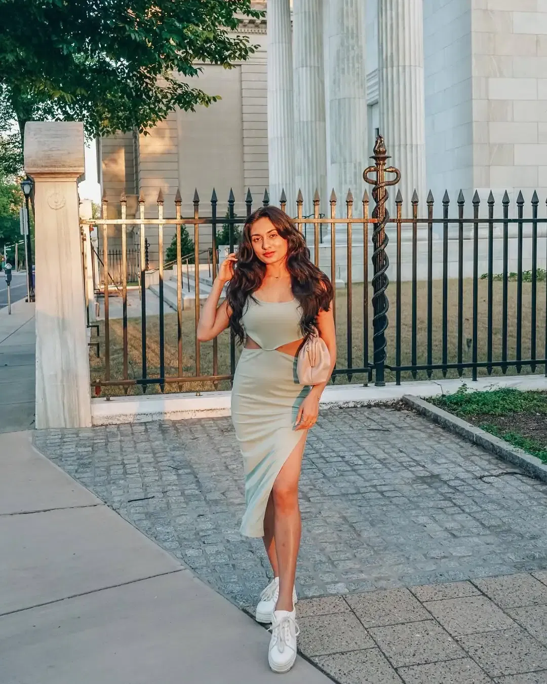 Pastel Dress with White Sneakers