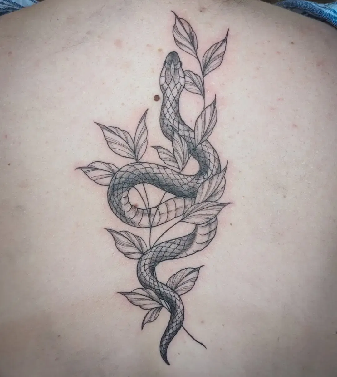 Snake with Leaves Tattoo
