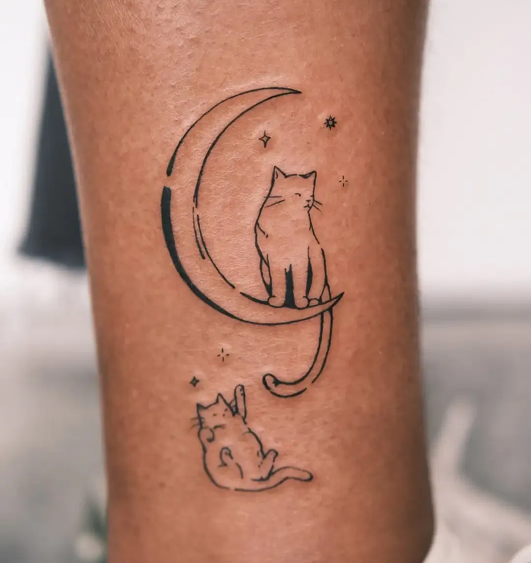 Half Cat Half Moon Tattoo