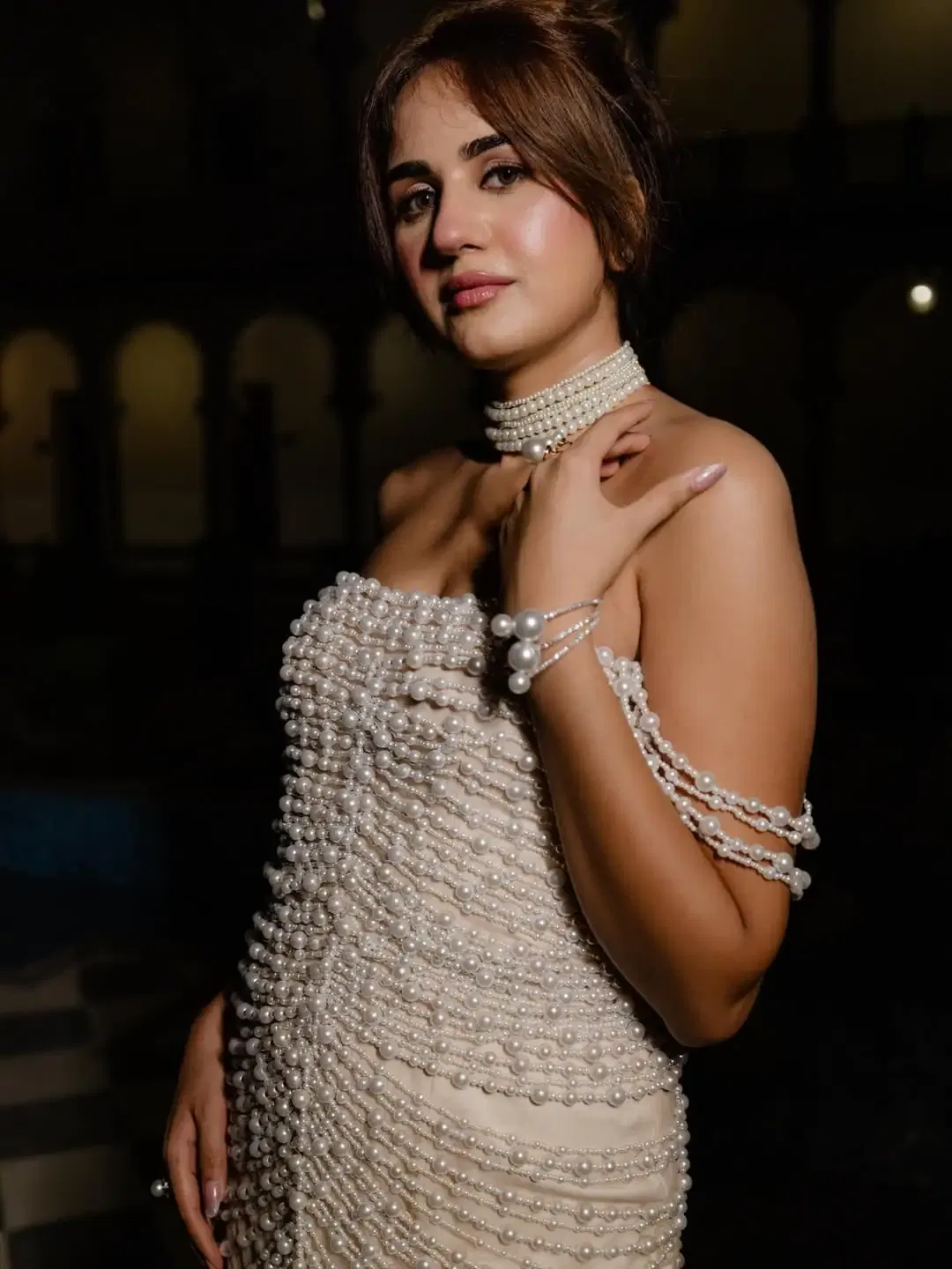 Off-shoulder dress + layered chains